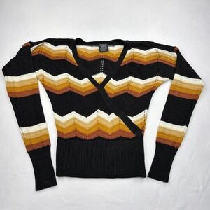 FCT With Love Womens Medium Chevron Striped Wrap Sweater Knit Black Rust Yellow